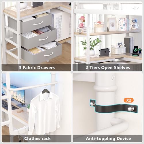 Jocoevol Full Size Loft Bed with L-Shaped Desk, LED Lights,Charging Station, Industrial Heavy Duty Metal Loft Bed Frame with 3 Storage Shelves and 3 Fabric Drawers, Safety Guard & Ladder, White