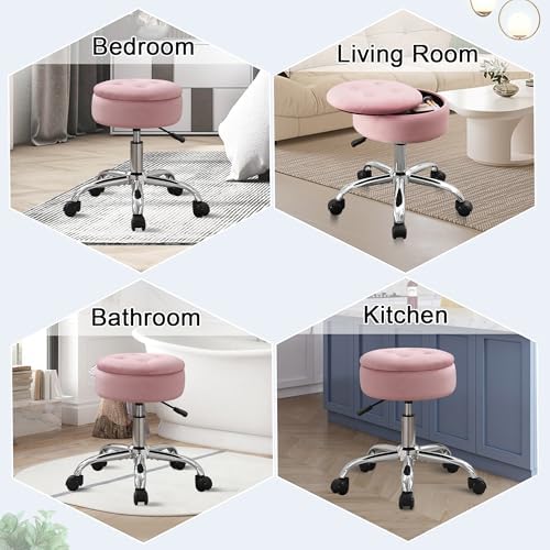 Pink Swivel Vanity Stool With Storage Vanity Chair with Wheels Ottoman