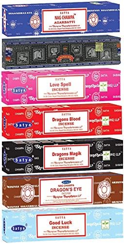 Satya Incense Sticks Gift Set, 7 Scents, Nag Champa, Super Hit, Dragon's Blood, Sandalwood, Patchouli, Lavender, Positive Vibes, 15g Each (Magic Mix)