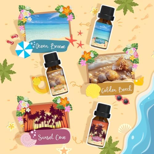 Beach Essential Oils Set, SNOWSEN Fragrance Oil for Diffuser, Candle Making, Soap Making, Spray,Sunbeam Coconut, Pineapple, Ocean Breeze, Sunset Cove, Golden Beach, Hawaiian Sea, Tropical Scented Oil