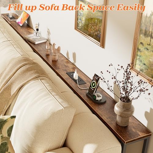 SUPERJARE 94.5 Inch Sofa Table with 2 Power Outlets and USB-C Ports, 5.9 Inch Narrow Console Table with Storage, Long Entryway Hallway Couch Table Behind Sofa, Small Spaces, Living Room, Rustic Brown