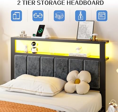 Liians Twin Size Bed Frame with LED Lights, Grey Upholstered Headboard