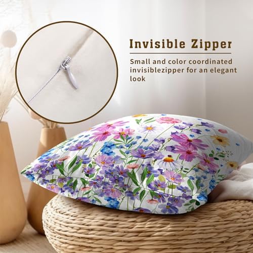 Watercolor Floral Pillow Covers 18x18 Inches Set of 2 Spring Summer Wildflower Butterfly Cotton Cushion Covers for Home Home Sofa Couch