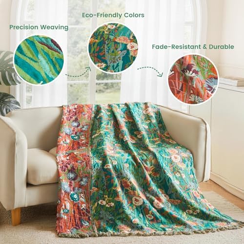 MSGKV Boho Throw Blanket 50"x60" 100% Cotton Floral Blanket for Couch Bed