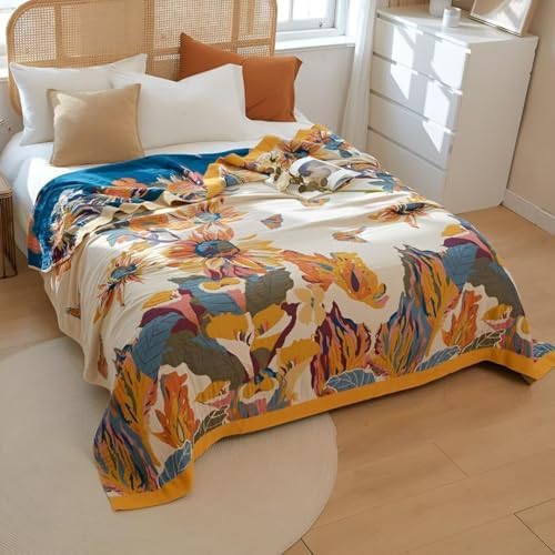 Boho Throw Blanket for Bed 100% Cotton Bohemian Blankets Ultra Soft Woven Muslin Decorative Blankets All Seasons Vintage Quilt Knitted Blanket for Sofa Chair(Yellow, 90"x98")