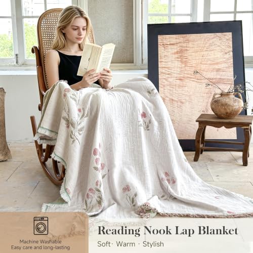 QKTE 100% Cotton Muslin Blanket King Size with Tassels, Lightweight Breathable Reversible Cooling Gauze Blanket for Bed Couch Camping, All-Season Soft Coverlet (White Green, 104" x 90")