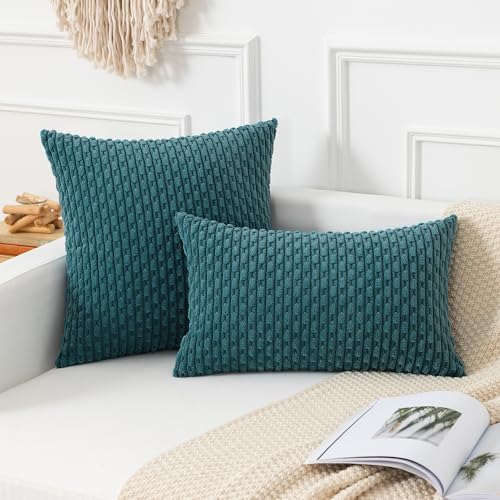 Kevin Textile Soft Corduroy 24x24 Inch Pillow Covers 2 Pack, Teal Blue