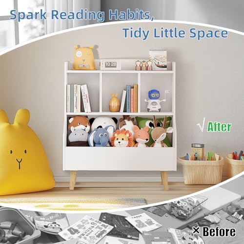 Kids Bookshelf and Toy Storage Organizer, Montessori Nursery Book Shelves with 3 Tier Sling Rack & Fabric Toy Bins, Children Toddler Baby Bookshelf, Wooden Toy Shelf for Kids Room Playroom (Pearl)