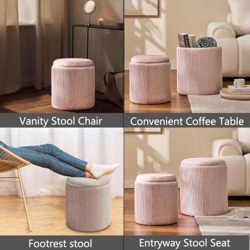 BLEXA Set of 2 Round Storage Ottoman, Velvet Pink Ottoman with Storage