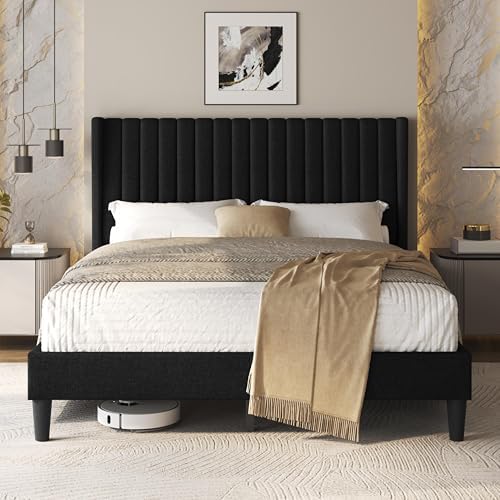 Yaheetech Queen Bed Frame with Headboard, Black Channel-Tufted Platform