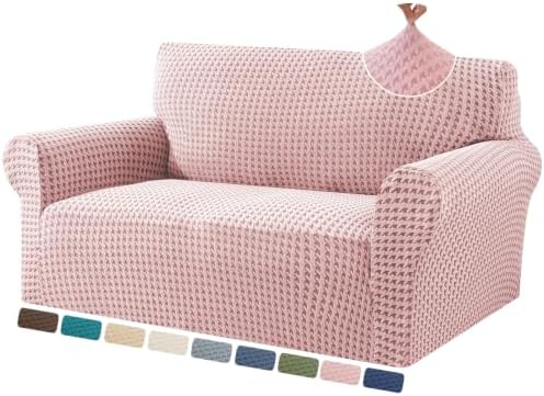 ZNSAYOTX 1 Piece Stretch Loveseat Cover (55"-71") New-Houndstooth Texture, Thick Sofa Covers for 2 Cushion Couch Universal Sofa Slip Cover with Elastic Bottom & Buckle, Soft Protector Dusty Pink