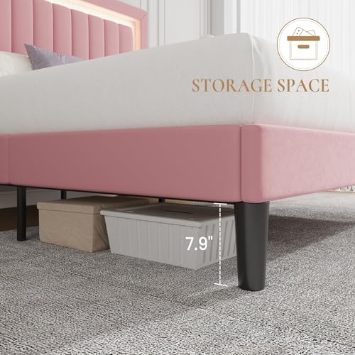SHA CERLIN Full Size Velvet Bed Frame with LED Light, Pink
