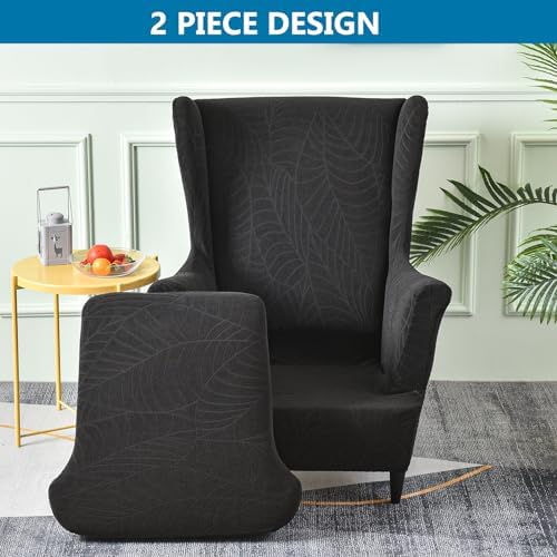2 Piece Wingback Chair Cover Stretch Jacquard Wing Back Chair Slipcover with Armrest Washable Furniture Protector for Armchair Living Room Bedroom