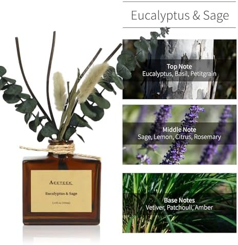 Reed Diffuser, Sage & Eucalyptus Essential Oil Diffuser for Bathroom, 3.4 oz Scented Diffusers, Long-Lasting Fragrance for Home Decor with Dried Flowers