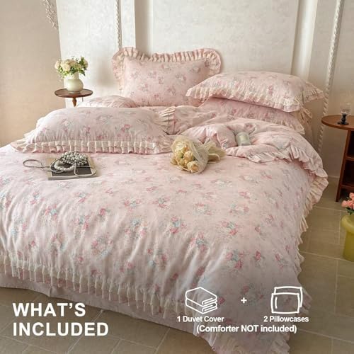 Pink Floral Duvet Cover Set Queen Size 68"×86",100 Cotton Muslin Duvet Cover with 2 Pillowcases,Lace Ruffled Zipper Bedding Set for Kids Teen Girls,Breathable Soft Comforter Covers 90"×90"