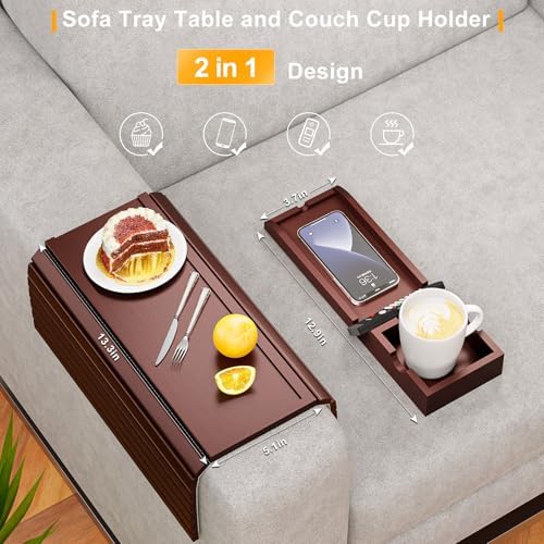 Bestjing 2 Pack Couch Armrest Table with Detachable Cup Holder Tray(Walnut)