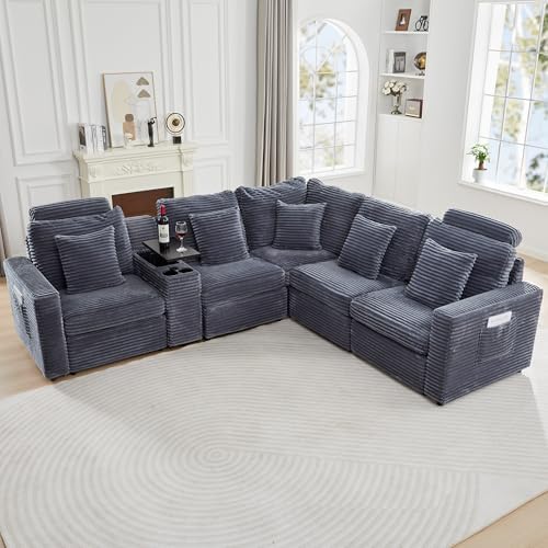 LEVNARY Modular Lift-Top Console with USB Charging and Cup Holders, Center Storage Module for Modular Reclining Sofa (Gray)
