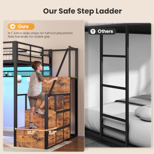 Full Size Loft Bed with 55.5" Desk and Storage Stairs, Rustic Brown