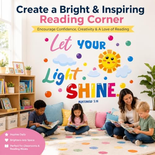 Cinrobiye Inspirational Quotes Wall Decals, Let Your Light Shine Classroom Wall Decor, Colorful Sun & Cloud Wall Stickers for Reading Corner, Playroom, Preschool, Daycare & Elementary Classroom
