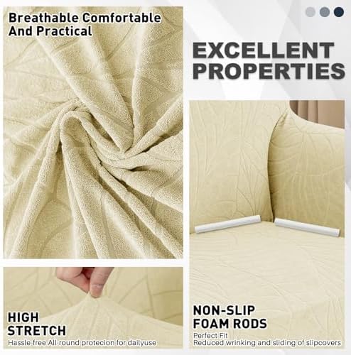 YEMYHOM Couch Cover Latest Jacquard Design High Stretch Sofa Covers for 2 Cushion Couch, Pet Dog Cat Proof Loveseat Slipcover Non Slip Elastic Furniture Protector (Medium, Begonia Leaf Beige)