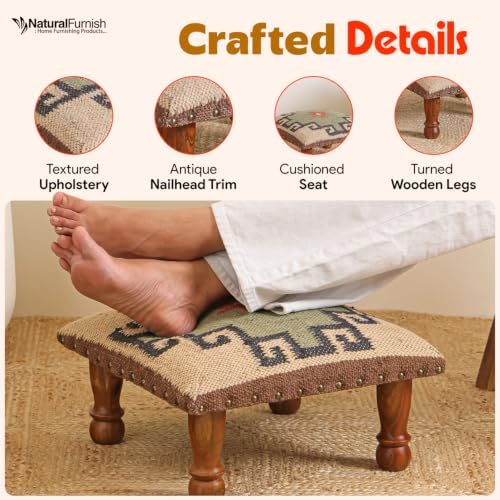 Upholstered Ottoman Footstool with Tribal Aztec Fabric | Rustic Wooden Accent Stool with Turned Legs | Decorative Foot Rest for Bedroom, Living Room & Hallway (White)