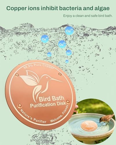 OICEME Bird Bath Purification Disc Pure Copper Outside Winter Solar Power Birdbath Hanging Bowl Deicer Cage Metal Deck Railing Glass Concrete Ceramic Stone Ground Water Birdhouse Gifts