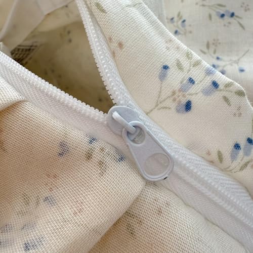 BuLuTu Lace Ruffles Duvet Cover Twin with Cute Rabbit Blue Floral Print, Princess Bedding Set for Kids Toddler Girls, 100% Gauze Cotton Muslin Bedding Comforter Cover with Zipper, 4 Ties