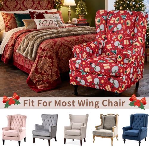 HAOYONG Christmas Stretch Wingback Chair Cover 2 Pieces Wing Chair Slipcover Printed Wingback Armhair Slipcover Wingback Washable Sofa Covers Christmas Decoration Furniture Protector for Armchair