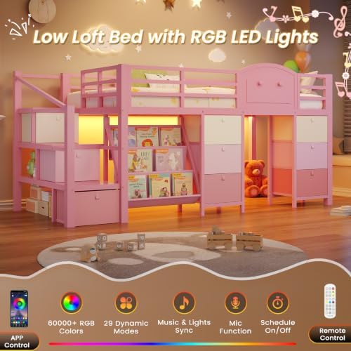 Low Loft Bed Twin Size with 9 Storage Drawers, Bookcase and LED Lights, Metal Kids Loft Bed with Wide Staircase, Open Shelves and Safety Guardrail, Twin Loft Bed with Under-Bed Playhouse, Pink