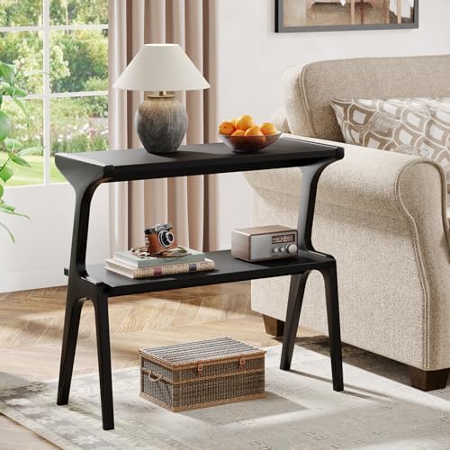 Tribesigns 2-Tier Solid Wood Side Table, Modern Black End Table with Storage Shelves, Tall Slim Side Table for Couch with Unique Legs, Long Bedside Table for Bedroom, Living Room
