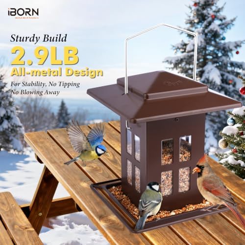 iBorn Bird Feeder for Outdoor Hanging,Metal Bird Feeder Hanging Outside for Cardinal, Double-Sided Hanger Wild Birdfeeder All Metal Constructions, Holds 2.3LB Seed, Bronze,8 Ports