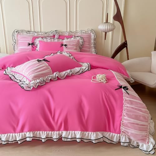 IHOUSTRIY Duvet Cover Twin Size, Ruffle Beddding Set with Bowtie, 2 Pieces Comforter Cover Set with Zipper Closure, Girl Bedding with Pillowcase - Pink, Twin