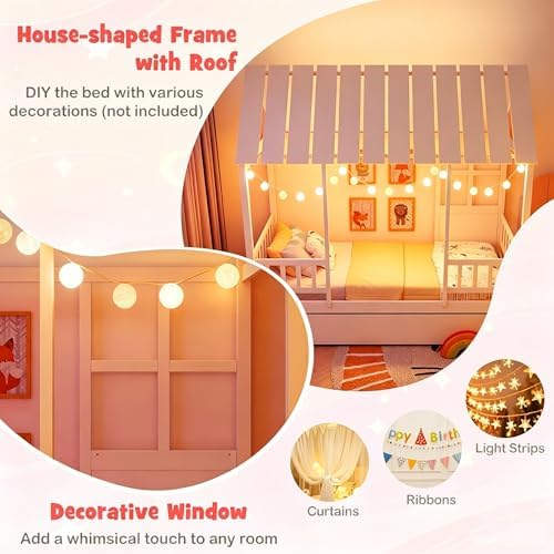 GIANTEX Twin House Bed with Trundle Bed Twin, Wooden Montessori Bed Frame with Roof & Safety Guardrail for Kids, Teens, Boys or Girls, No Box Spring Needed (White)
