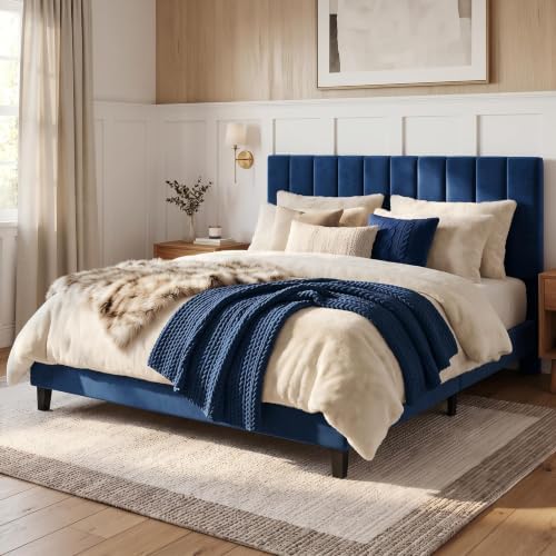 Garvee Queen Size Platform Bed Frame with Upholstered Headboard, Blue