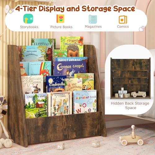 Costzon 5-Tier Kids Bookshelf, Wooden Children Bookcase, Toddler Book Rack, Magazine Storage & Display Shelf, Book Shelf for Kids Room, Living Room, Nursery, Classroom (Brown, 4 Tier)