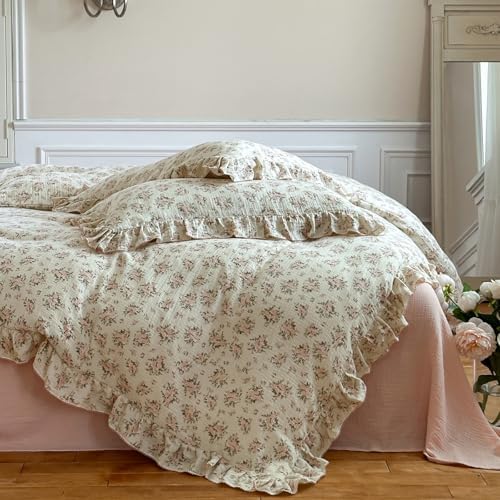 Vintage Flower Duvet Cover Set Muslin Cotton Full(80"x90"),Pink Floral