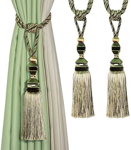 2Pcs Tassel Curtain Tiebacks Drapery Curtain Holdbacks-Green