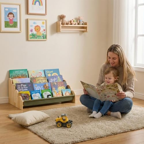 Puricon 4-Tier Kids Bookshelf, Wooden Bookcase Organizer for Toddlers with Deep Pockets & Wavy Edge, Decorative Front-Facing Sling Book Rack for Kids Rooms, Nursery, Playroom and Classroom -Sage