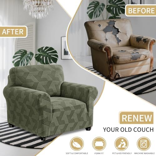 JIVINER 1 Piece Couch Cover for 3 Cushion Couch, High Stretch Sofa Covers with Elastic Bottom, Washable Sofa Slipcovers for Dog, Pets Feature Geometrical Jacquard Fabric (Sofa, Army Green)