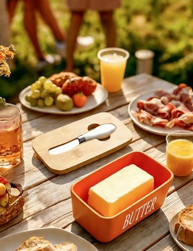 Ceramic Butter Dish with Lid and Knife Silicone Seal for Countertop Orange