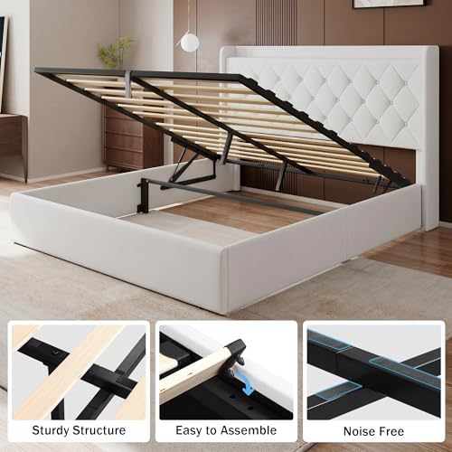 GalnFu Full Size Bed Frame with Storage, Upholstered Full Lift up Storage Bed Frame with Charging Station, Button Tufted Headboard, No Box Spring Needed, Easy Assembly, Noise Free, White