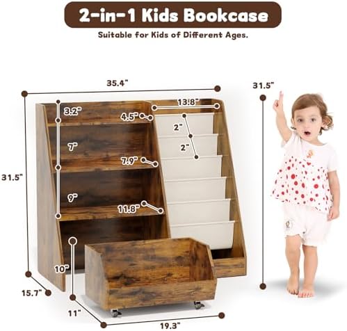 COZPAW Kids Bookshelf and Toy Storage, 4 Tier Toddler Bookshelf with Movable Drawer (Brown)