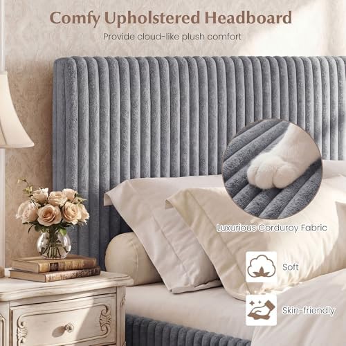 GIANTEX Queen Size Lift Up Storage Bed, Modern Corduroy Upholstered Platform w/Wingback Headboard, Hydraulic Support, Queen Bed Frame with Storage, No Box Spring Needed (Grey)