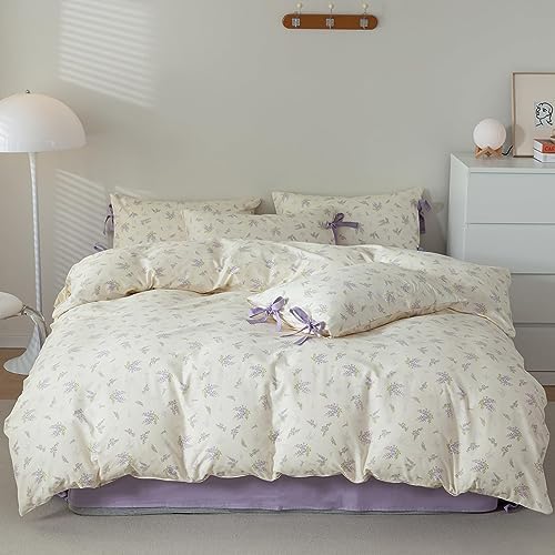 Cotton Duvet Cover Set Queen,3 Pieces Purple Floral Bedding Set,Girls Lavender Flower Duvet Cover with Zipper Closure-Queen,90x90 Inch