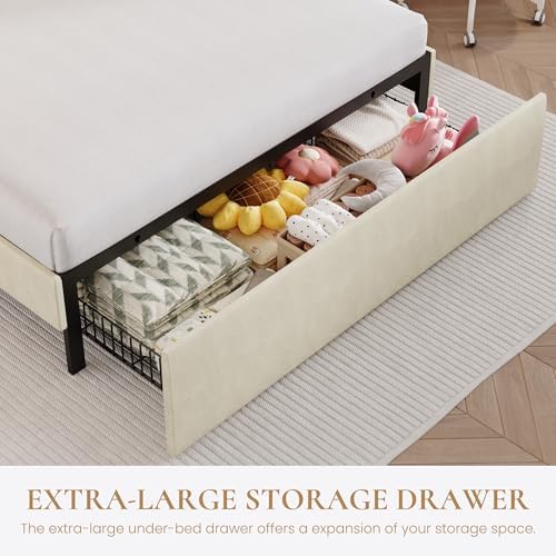 SHA CERLIN Full Size Bed Frame with LED Lights and Storage Drawer, Cream