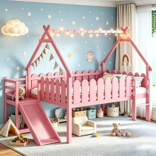 Bellemave Low Loft Bed Full with Slide and Lights Strip for Kids, Pink