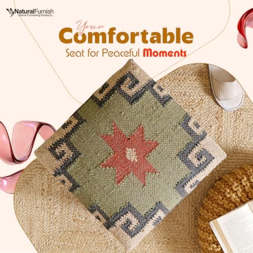 Upholstered Ottoman Footstool with Tribal Aztec Fabric | Rustic Wooden Accent Stool with Turned Legs | Decorative Foot Rest for Bedroom, Living Room & Hallway (White)