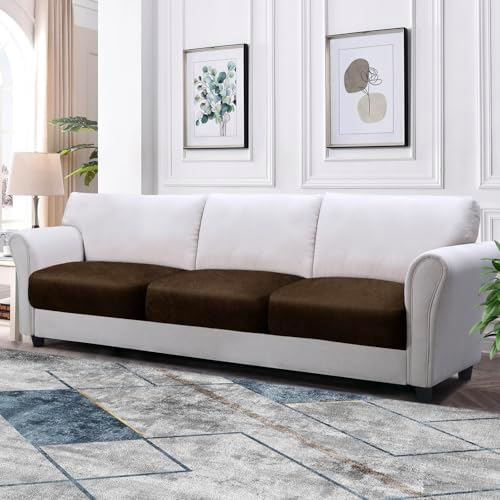 Couch Cushion Covers Leather-Look 3PC Stretch Extra Large Sofa Seat Slipcover Sets Individual Couch Seat Cushion Cover, Pet-Friendly, Non-Slip, Easy Fit - Coffee