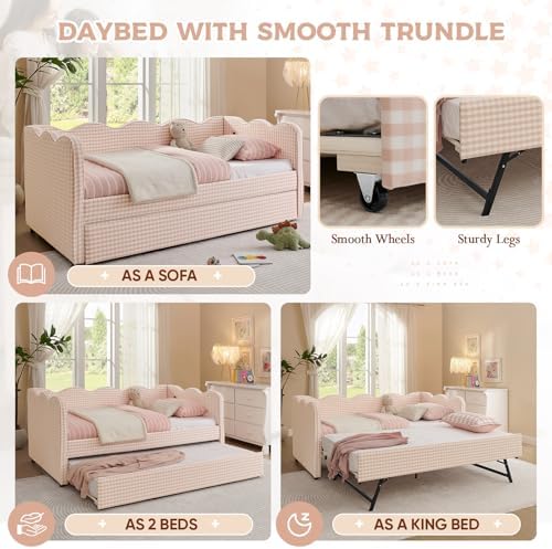 Twin Size Daybed with Pop Up Trundle, Linen Gingham Twin to King Daybed with USB Ports, Upholstered Day Bed Frame, Modern Sofa Bed for Living Room/Bedroom/Guest Room, No Box Spring Needed, Pink