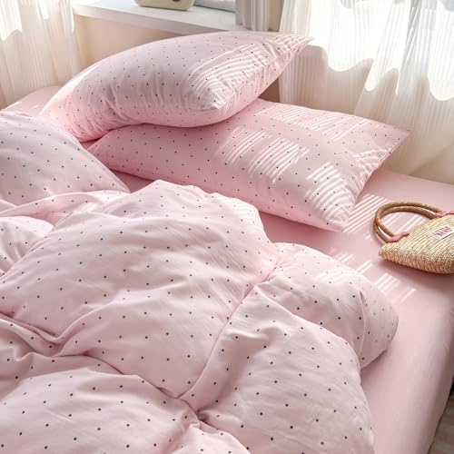 Polka Dot Duvet Cover Queen Size Pink Zipper Queen Size Comforter Cover Cotton Double Gauze Cute Soft Duvet Cover Set with 2 Pillowcases Boho Girls Bedding Set Muslin Duvet Protector